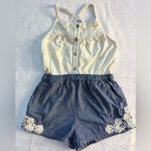 Aphorism Little Girls 6X Denim Crochet Ivory Romper